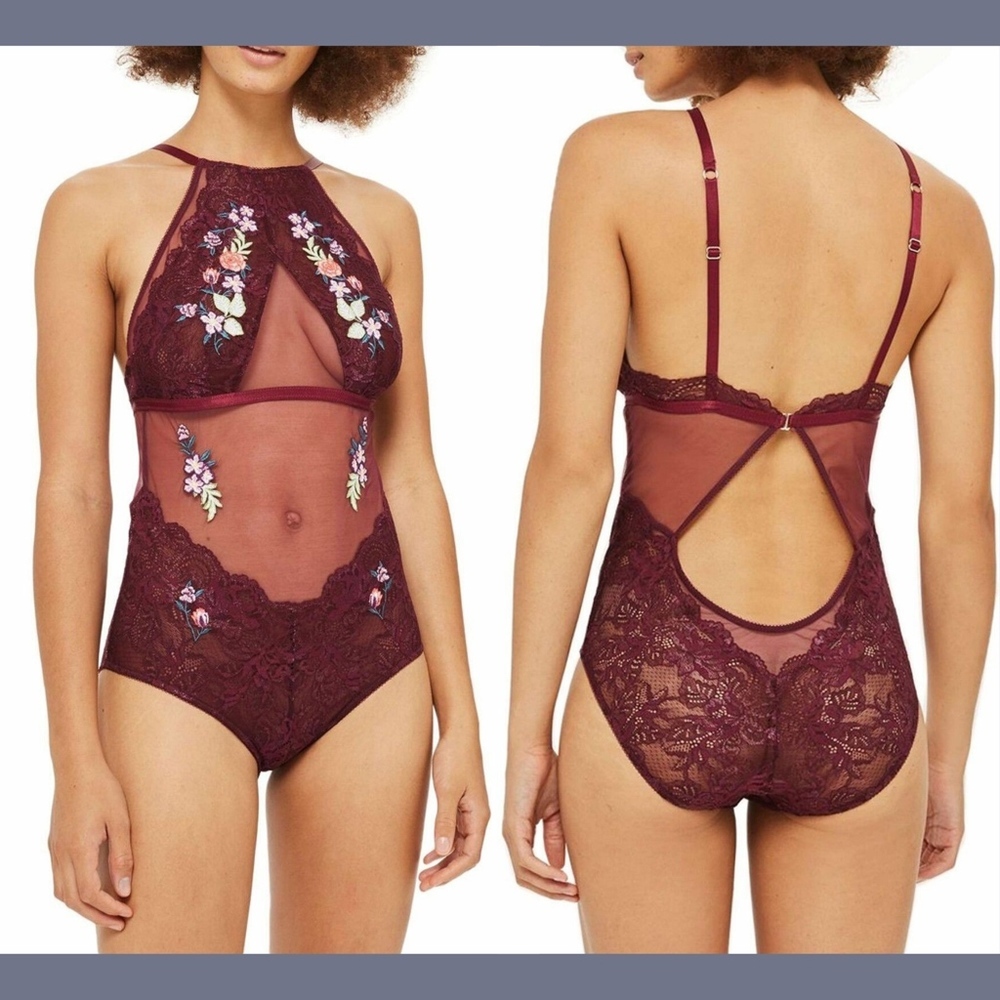 NWT TOPSHOP Kate Embroidered Halter Neck Bodysuit in Berry Red‎ [SZ 10 US ]